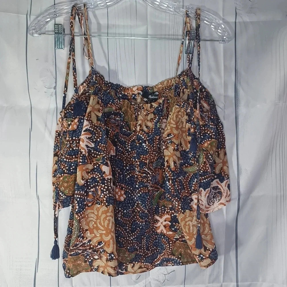 Madewell 100% silk cropped tie cold shoulder sea floral boho top